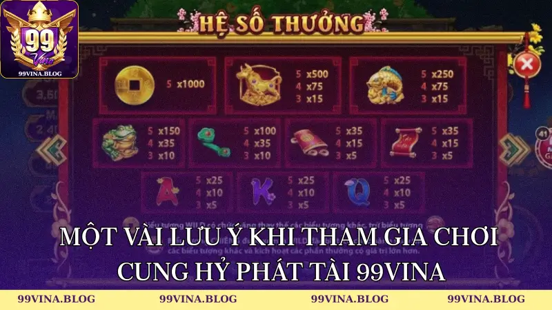 Một vài lưu ý khi tham gia chơi Cung hỷ phát tài 99vina